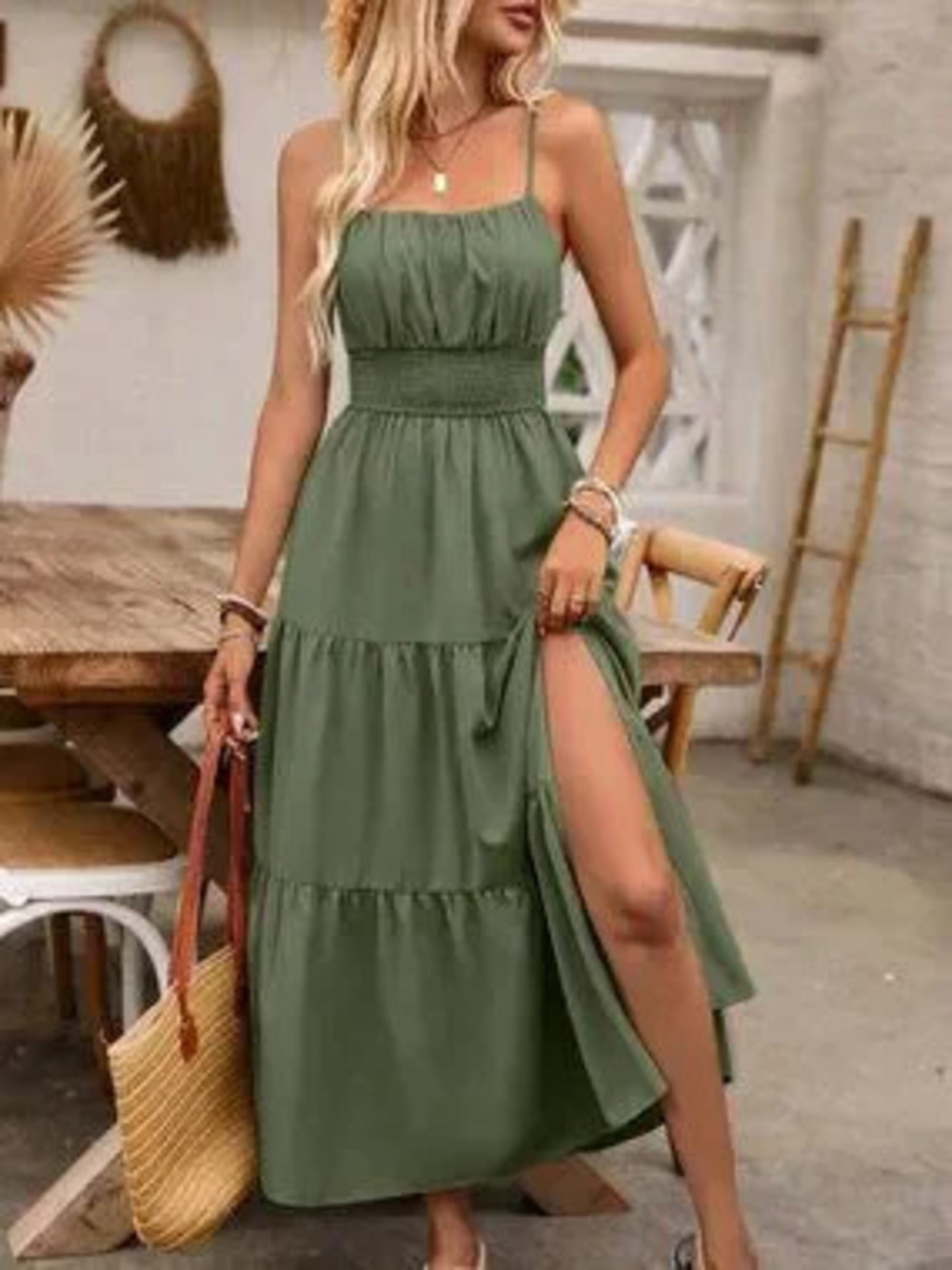 Army Green Casual Women's Holiday Pleated Cami Dress Maxi Vacation Beach Outfit